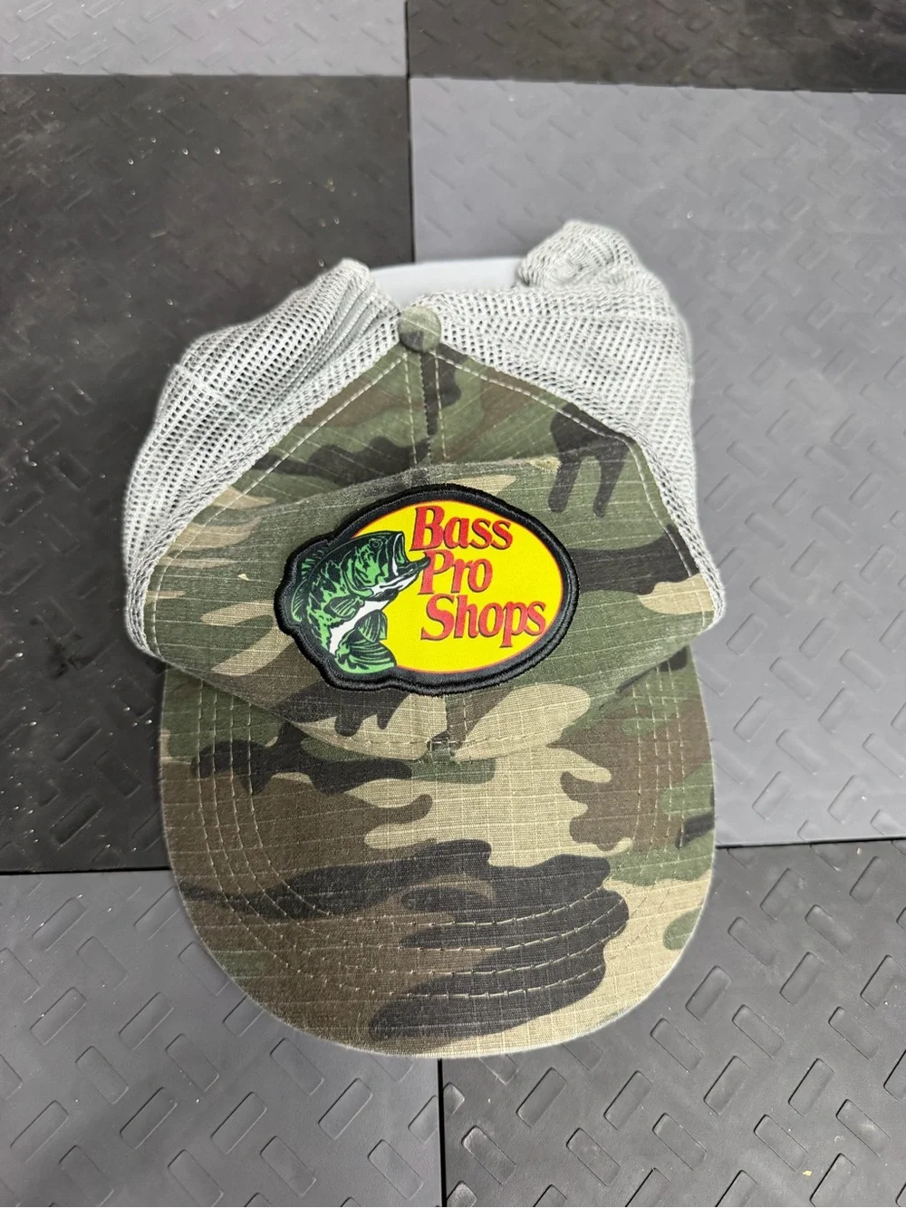 Bass Pro Shops Camo Mesh Trucker Hat with Yellow Logo Patch